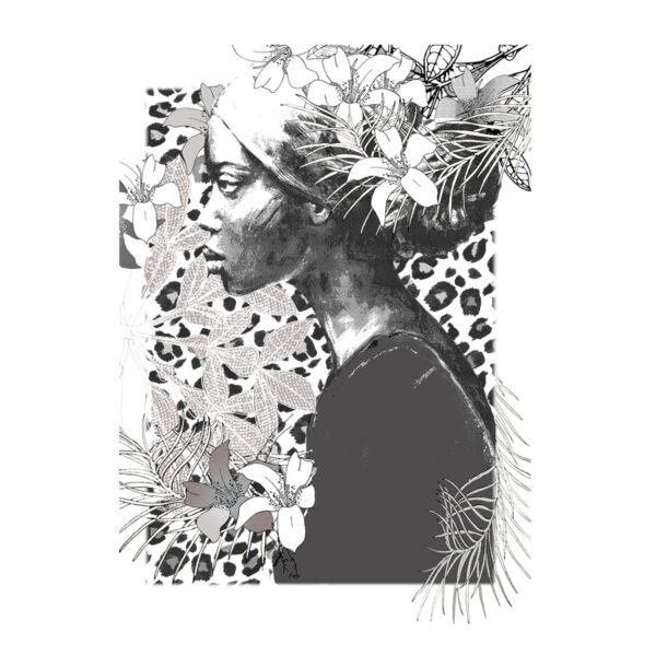 black-and-white-drawing-of-black-women-with-leopard-print-and-floral-background