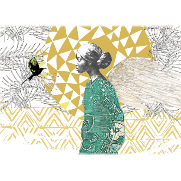 mixed-media-work-of--black-women-with-sunbird-and-ethnic-pattern